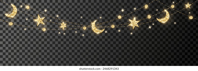 Ramadan or Al-Adha seamless decoration. Garland with hanging crescents and stars. Golden glitter ornaments. Muslim holidays border, frame. Transparent background can be removed in vector file. 