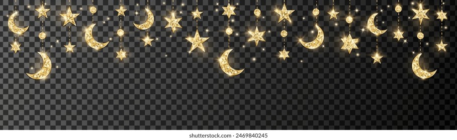 Ramadan or Al-Adha seamless decoration. Garland with hanging crescents and stars. Golden glitter ornaments. Muslim holidays border, frame. Transparent background can be removed in vector file. 