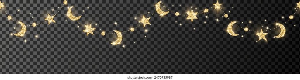 Ramadan or Al-Adha seamless decoration. Garland with hanging crescents and stars. Golden glitter ornaments. Muslim holidays border, frame. Transparent background can be removed in vector file. 