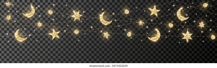 Ramadan or Al-Adha seamless decoration. Garland with hanging crescents and stars. Golden glitter ornaments. Muslim holidays border, frame. Transparent background can be removed in vector file. 