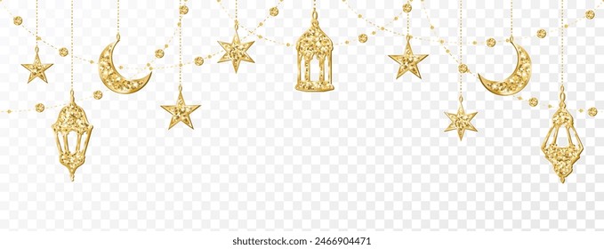 Decoración perfecta de Ramadán o Al-Adha. Guirnalda de brillo dorado con medias lunas colgantes, estrellas y linternas. Frontera de las fiestas musulmanas, marco. El fondo transparente se puede eliminar en el archivo de Vector. 