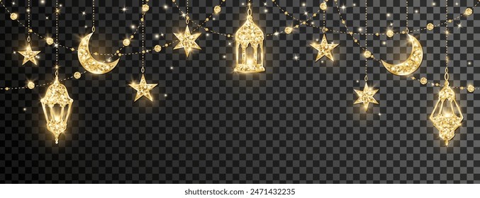 Decoración perfecta de Ramadán o Al-Adha. Guirnalda de brillo dorado con medias lunas colgantes, estrellas y linternas. Frontera de las fiestas musulmanas, marco. El fondo transparente se puede eliminar en el archivo de Vector. 