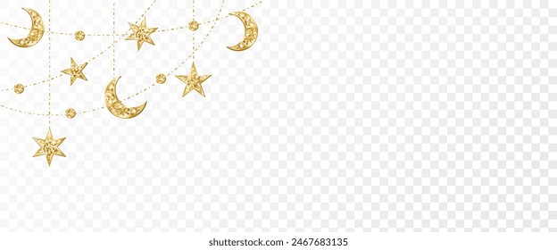 Ramadan or Al-Adha traditional decoration. Garland with hanging crescents and stars. Golden glitter ornaments. Muslim holidays corner frame. Transparent background can be removed in vector file