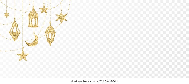 Ramadan or Al-Adha traditional decoration. Golden glitter garland with hanging crescents, stars and lanterns. Muslim holidays border, corner frame. Transparent background can be removed in vector file