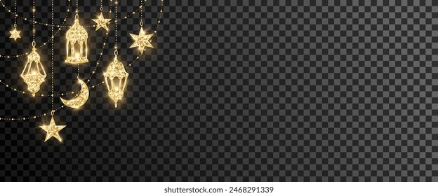 Ramadán o Al-Adha decoración tradicional. Guirnalda de brillo dorado con medias lunas colgantes, estrellas y linternas. Frontera de las festividades musulmanas, marco de esquina. El fondo transparente se puede eliminar en el archivo de Vector