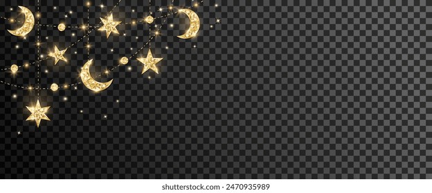 Ramadan or Al-Adha traditional decoration. Golden glitter garland with hanging crescents, stars and lanterns. Muslim holidays border, corner frame. Transparent background can be removed in vector file