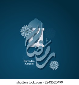 Ramadan-arabische Kalligrafie mit Papierschnitt-Stil und schöner blauer Blumen-Grußkarte