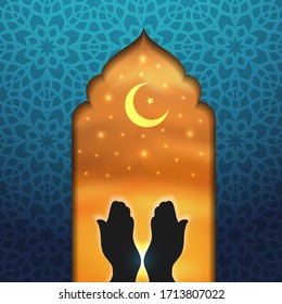 Ramadan Arabic Illustration - Praying Hands with Moon and Arabic Pattern