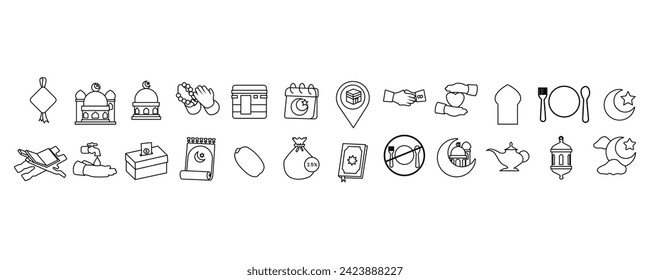 Ramadan Arabic Islamic Celebration Icon Set Vector Illustration Silhouette. Islamic icon with thin line style, Ramadan Kareem, Eid Mubarak. Islamic line art icons set. Ramadan Kareem line vector icon.