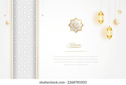 Ramadan Arabic Islamic White and Golden Luxury Ornamental Background with Islamic Pattern and Decorative Lanterns