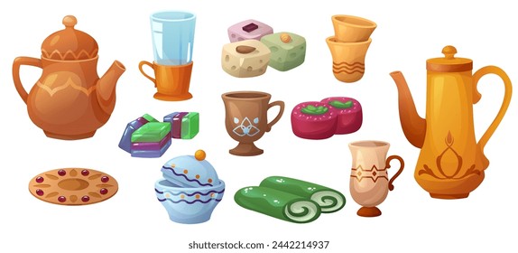 Ramadan arabic teapot and sweet food dessert cartoon. Turkish tea cup and arab cake for lunch. Traditional east kettle with glass in cafe. Islam breakfast hospitality with nougat biscuits isolated