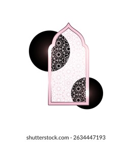 Ramadan arch frame in silver color with pink metallic shine. Patterned oriental window. Arabic architecture. Facade interior. Isolated black background. Vector illustration. Icon.