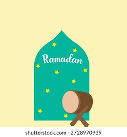 Etiqueta de arco de Ramadán con Ilustración vectorial de tambor. Saludo islámico