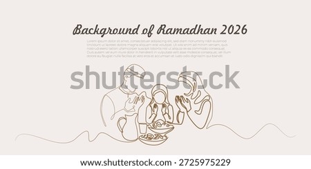 Ramadan background 2026. Line art of a Muslim family breaking the fast. Suitable for greeting cards, Ramadan, Islamic.