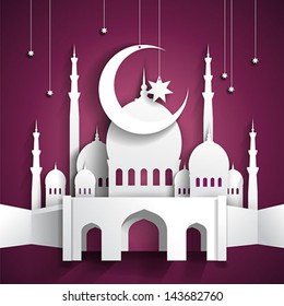 Ramadan background with 3d paper mosque - hari raya - vector illustration