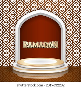 ramadan background with 3d podium, mosque window, 3d ornaments and Islamic pattern, luxury theme.