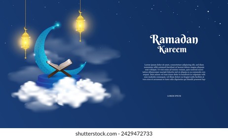 Ramadan background with beautiful  blue crescent and clouds