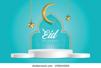 Ramadan-Hintergrund in blauer Farbe, Stern- und Mondverzierungen mit einem Stand für das Produkt in der Mitte, der für die Produktvorlage geeignet ist - Eid Mubarak
