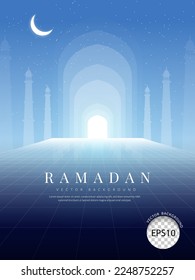 Ramadan background, blue islamic interior mosque door with ceiling a night sky filled with stars and a moon. vector illustration