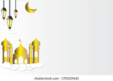Fondo de Ramadán con farolillos conceptuales, media luna y mezquita de color dorado