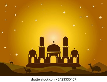 Ramadan Hintergrund mit dem Konzept der Silhouette einer Moschee und Kamele bei Nacht, leerer Raum