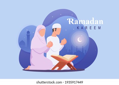 Fondo de Ramadán con pareja de musulmanes rezando con la ilustración de la mezquita.  Escena holly night ramadan