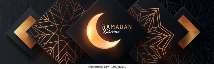 Ramadan background. Creative modern design with geometric arabic gold pattern on textured black background and shining golden crescent moon. Islamic holy holiday Ramadan Kareem. Greeting card, banner