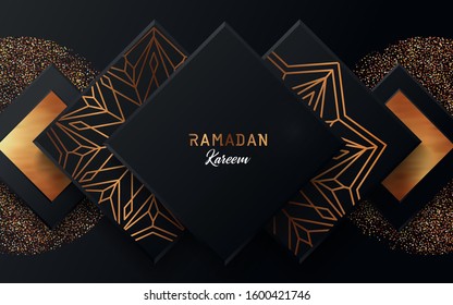 Ramadan background. Creative modern design with geometric arabic gold pattern, golden grains of sand on textured black background. Islamic holy holiday Ramadan Kareem. Greeting card, banner, poster. 