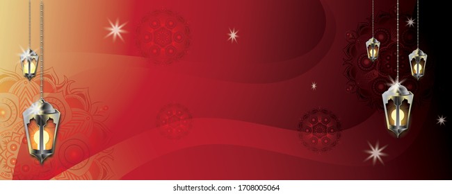 ramadan background dark red, mandala and lantern, greeting card