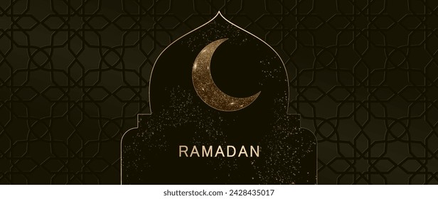 Ramadan background. Dark vector art banner with geometric pattern, mosque and moon with golden elements. Islamic holy holiday Ramadan Kareem.