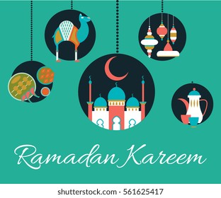 Ramadan background design for card, banner, poster. Traditional arabic, muslim symbols, mosque, lamps, camel, food, pot. Vector illustration in modern flat style. Abu Dhabi Grand Mosque.