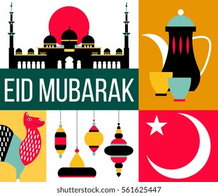Ramadan background design for card, banner, poster. Traditional arabic, muslim symbols, mosque, lamps, camel, food, pot. Vector illustration in modern flat style. Abu Dhabi Grand Mosque.