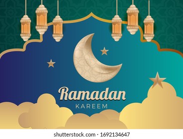 ramadan background design. islamic holiday design with lantern and moon. vector. editable