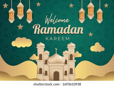 ramadanisches Hintergrunddesign. islamisches Urlaubsprojekt mit Laterne und Mond. Moschee Vektorillustration. bearbeitbar