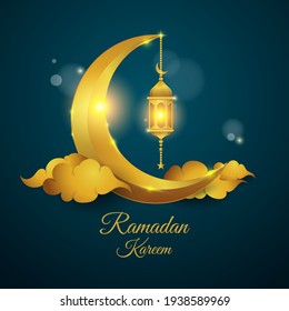 Ramadan background design with lantern and Crescent Moon. Holy month concept