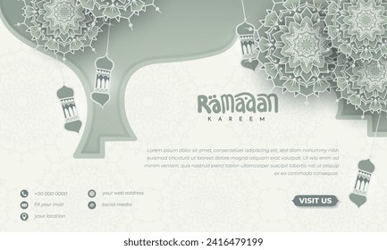 Ramadan background design with mandala in hand drawn and lantern design, islamic background in green mint design, ramadan kareem banner template