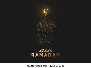 Ramadan Background. Design Is Sand With Golden Squeak Of Mosque Silhouette. Black Pattern With Bright Sequins Loose Gold. Arabic Calligraphic Text Of Ramadan Kareem