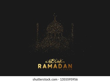 Ramadan Background. Design Is Sand With Golden Squeak Of Mosque Silhouette. Black Pattern With Bright Sequins Loose Gold. Arabic Calligraphic Text Of Ramadan Kareem. Vector Illustration 