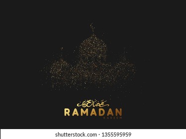 Ramadan background. Design is sand with golden squeak of mosque silhouette. black pattern with bright sequins loose gold. Arabic calligraphic text of Ramadan Kareem Vector illustration 