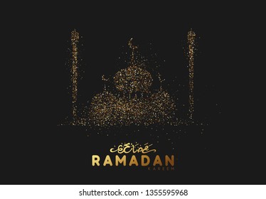 Ramadan Background. Design Is Sand With Golden Squeak Of Mosque Silhouette. Black Pattern With Bright Sequins Loose Gold, Arabic Calligraphic Text Of Ramadan Kareem