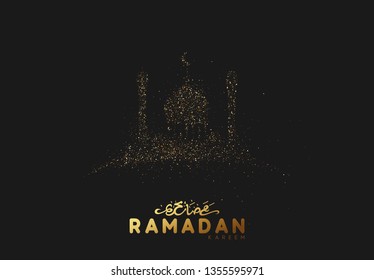 Ramadan Background. Design Is Sand With Golden Squeak Of Mosque Silhouette. Black Pattern With Bright Sequins Loose Gold. Arabic Calligraphic Text Of Ramadan Kareem