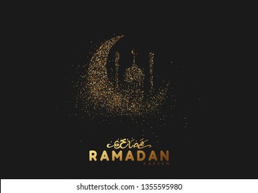 Ramadan Background. Design Is Sand With Golden Squeak Of Silhouette Half Month And Mosque. Black Pattern With Bright Sequins Loose Gold. Arabic Calligraphic Text Of Ramadan Kareem