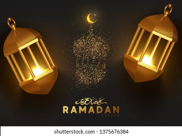 Ramadan Background. Design Is Sand With Golden Squeak Of Silhouette Vintage Lantern. Black Pattern With Bright Sequins Loose Gold. Arabic Calligraphic Text Of Ramadan Kareem