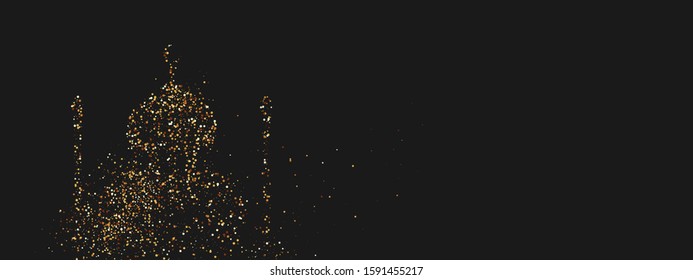 Ramadan Background. Design Is Sand With Golden Squeak Of Mosque Silhouette. Yellow Pattern With Bright Sequins Loose Gold. Arabic Holy Feast Ramadan Kareem