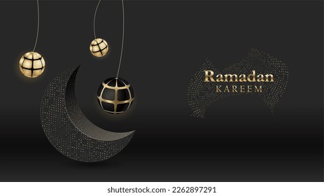 Ramadan background. Design is sand with golden squeak of silhouette half month. black pattern with bright sequins loose gold.