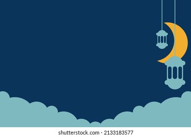 Ramadan Background Design Template with Silhouette of Crescent Moon, Lantern, and Copy Space Area