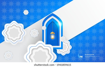 Ramadan background design in white and blue, suitable for complementary designs for Islamic themes