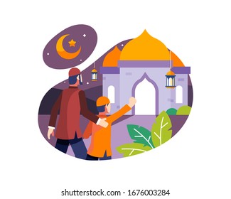 Ramadan Background With Father And Son Go To The Mosque To Pray At Night Vector