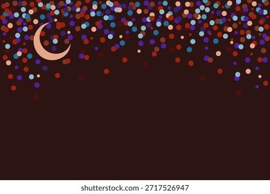 Antecedentes del Ramadán. Fondo festivo para la fiesta islámica. Con cielo nocturno, luna creciente, estrellas y serpentinas. Plantilla de texto. Anuncio con serpentina para felicitación, diseño, redes sociales
