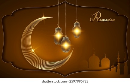 Ramadan background with gold Crescent Moon and Lanterns. golden Luxury arabic frame, Mosque template. Celebration of Muslim holiday, vector banner illustration 